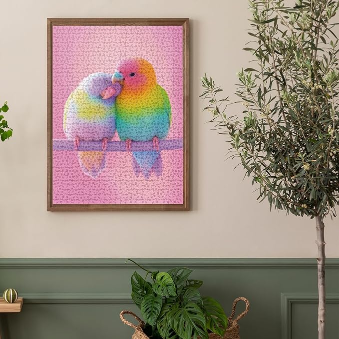 Colorful Love Bird Puzzles for Adults 1000 Pieces, Cute Animal Jigsaw Puzzles, Pink Scene Art Puzzles