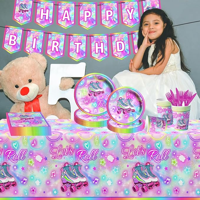 142Pcs Roller Skating Birthday Party Supplies Tableware Set Roller Skater Decoration Let's Roll Birthday for Boy or Girl,Colorful Plates and Napkins Cups Tablecloth Banner