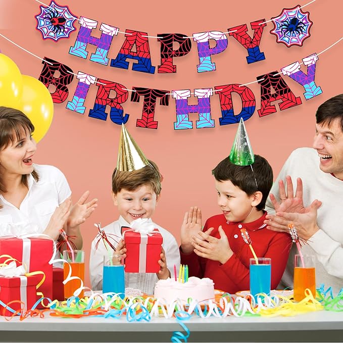 Oudain Spider Theme Birthday Banner Decorations Pre-strung Spider Web Happy Birthday Banner Flags Sign Cartoon Backdrop Party Supplies Favors(Red Purple Blue)