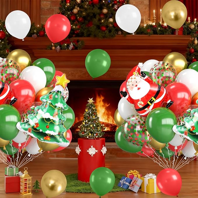 Christmas Balloons,12 Inch Red Green Gold and Christmas Tree Santa Foil Balloon with Ribbon,for Party Xmas Gifts School Classroom Game New Year Decorations