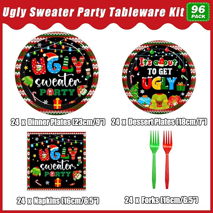 96Pcs Christmas Ugly Sweater Party Plates, Merry Christmas Party Decorations Supplies for Winter Holiday Xmas Family Gathering Birthday Party Disposable Tableware Set, Serves 24