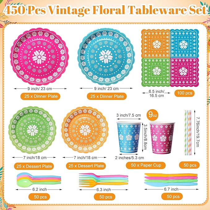 450 Pcs Fiesta Tableware Set Decorations Cinco De Mayo Paper Plates Mexican Colorful Papel Picado Disposable Napkins Cups Cutlery Straws for Taco Carnival Birthday Party Supplies, Serves 50