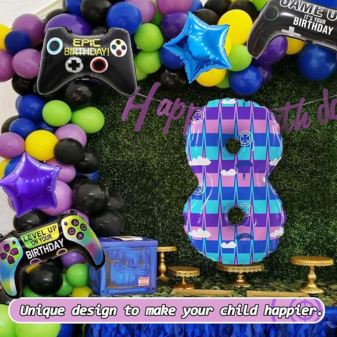 Video Game Theme Birthday Party Number Balloons Piñata Gaming Party Decor Balloons Large Number Balloons for Kids Battle Boys Birthday Party Decoration Supplies(Number 8 Set)
