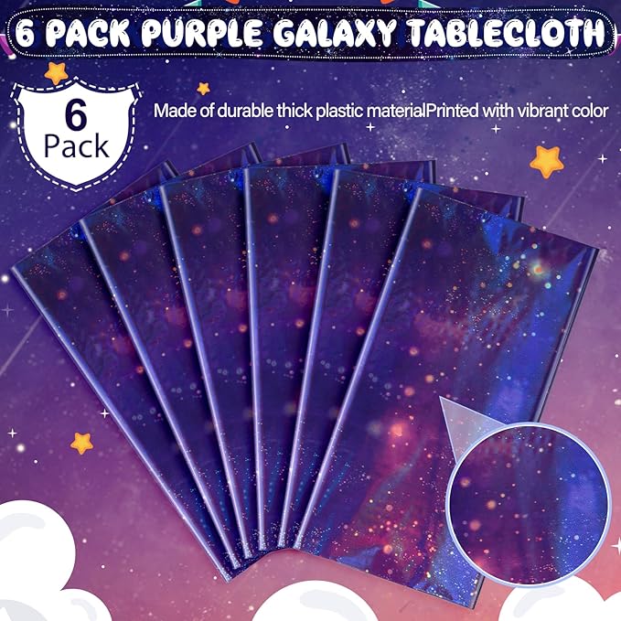 6Pcs Iridescent Space Tablecloths, Disposable Plastic Purple Galaxy Table Cloth Rectangle Table Covers for Space Starry Night Star Theme Party Birthday Party Decorations, 54x108 Inch