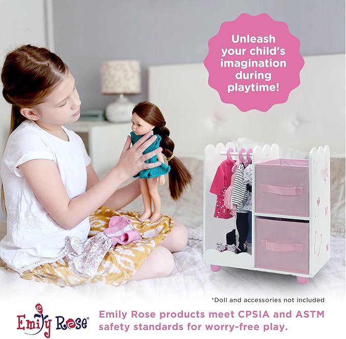 Emily Rose 18" Doll Open Wardrobe Closet - Butterfly Collection Storage Closet with 5 Hangers & 2 Large Fabric Bins | American Girl Compatible | USA Brand