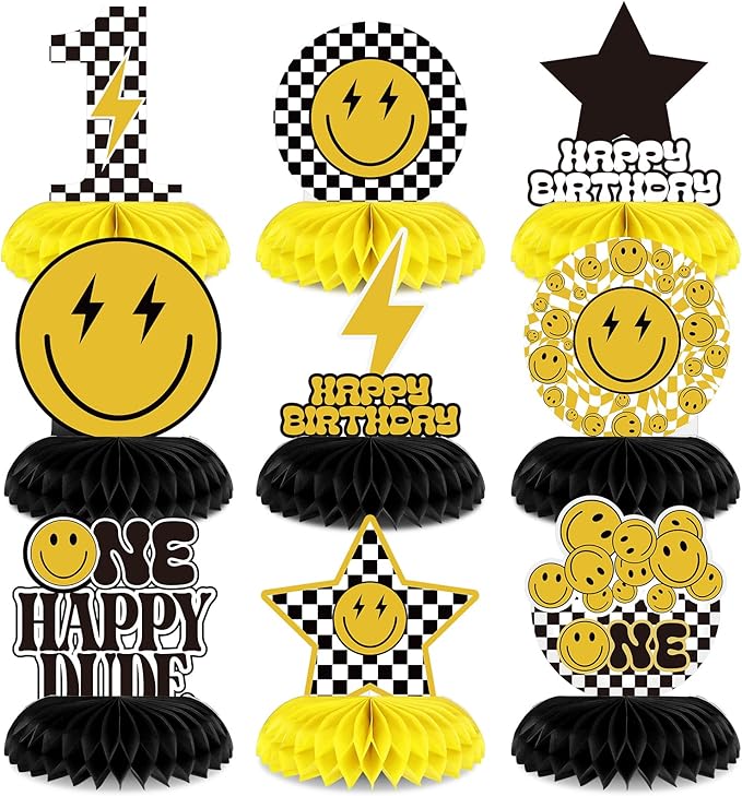 Outus 9 Pcs One Happy Dude Birthday Decoration One Happy Dude Honeycomb Centerpiece 1st Cool Birthday Table Decorations Smile Face Table Toppers Centerpieces for Baby Shower Party Supplies Decor