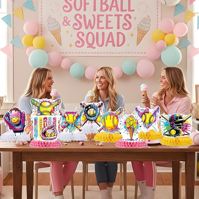 Softball Ice-Cream Party Decorations - 9 PCS Softball Party Honeycomb Centerpieces Decorations for Girls, Sports Ice Cream Birthday Baby Shower Table Decor Supplies