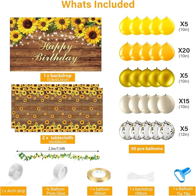 Tiamon 52 Pcs Sunflower Birthday Party Decorations - 50 Gold Yellow Balloons Arch Garlands Kit, 1 Happy Birthday Backdrop Banner, 1 Sunflower Plastic Tablecloths for Wedding Baby Shower Party Supplies