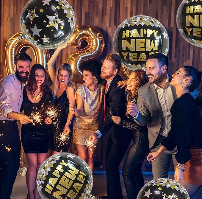 KALOR 22 Inch Happy New Year Mylar Balloons, 10 Pcs Large 4D Giant Round Foil Balloon Metallic Balloons for Happy New Year Decorations 2024