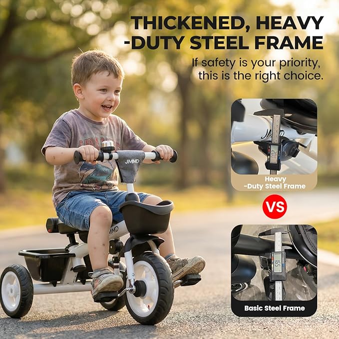 JMMD 7 in 1 Tricycle Stroller with Push Handle, Baby Trike with 360° Swivel Seat, Reclining Backrest, All-Terrain Wheels, Dual Brakes, Canopy & Storage, Gift for Kids 18 Months to 5 Years, Gray