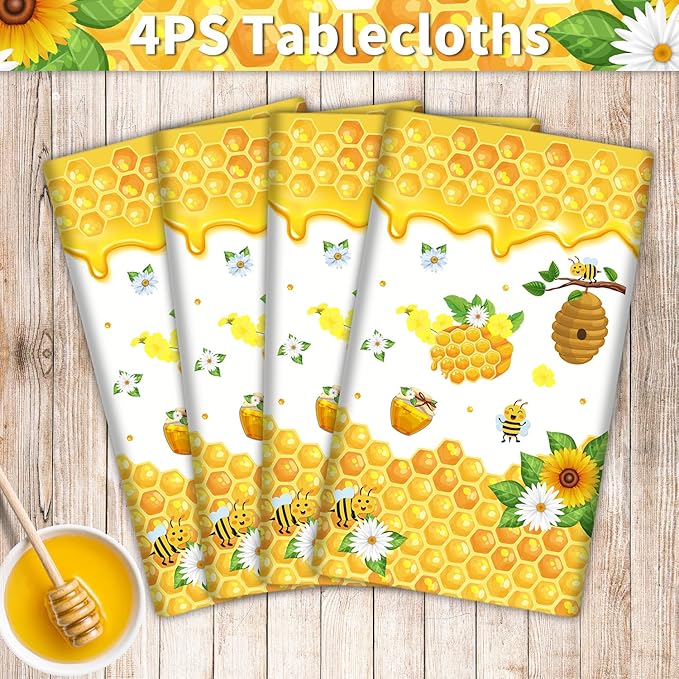 4 Pack Bee Tablecloth Happy Bee Day Tablecloths Rectangle Honey Bees Bumble Table Cover Bee Theme Party Tablecloth for Bee Baby Shower Bee Birthday Party Decorations 51 x 86 Inch