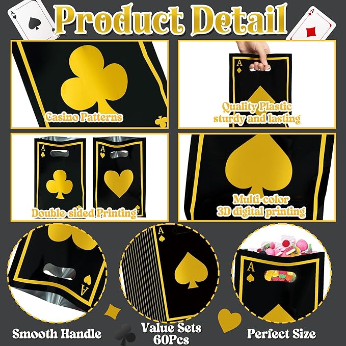 Casino Party Favor Bags - 60Pcs Black and Gold Casino Goody Candy Treat Gifts Bags, Las Vegas Poker Themed Party Decorations for Adults Kids Birthday Indoor Game Events Supplies