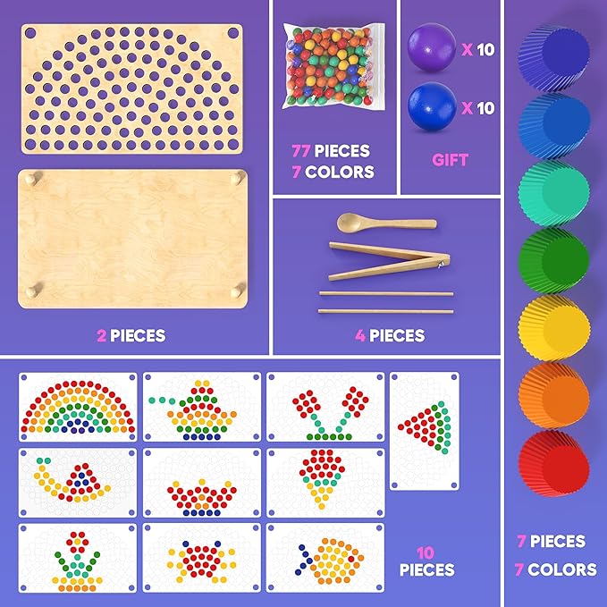 Toddler Wooden Learning Montessori Toys – Wooden peg Board Bead Game Baby Rainbow Stacking Matching Counting Color Sorting Games for fine Motor Math Skills Boys and Girls for 3 4 5 Years Old