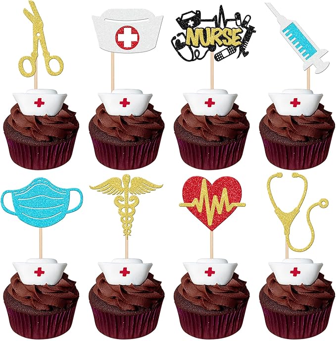 32 PCS Glitter Nurse Cupcake Toppers - Graduation Cake Decorations for Medical School Rn Nurse Grad Themed Birthday Party Supplies