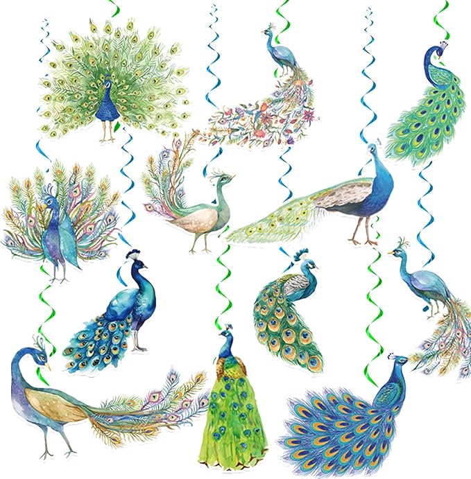 24 Pcs Peacock Hanging Decorations Hanging Swirls Ceiling Swirls Birthday Party Supplies for Peacock Party Decorations Zoo Bird Decorations