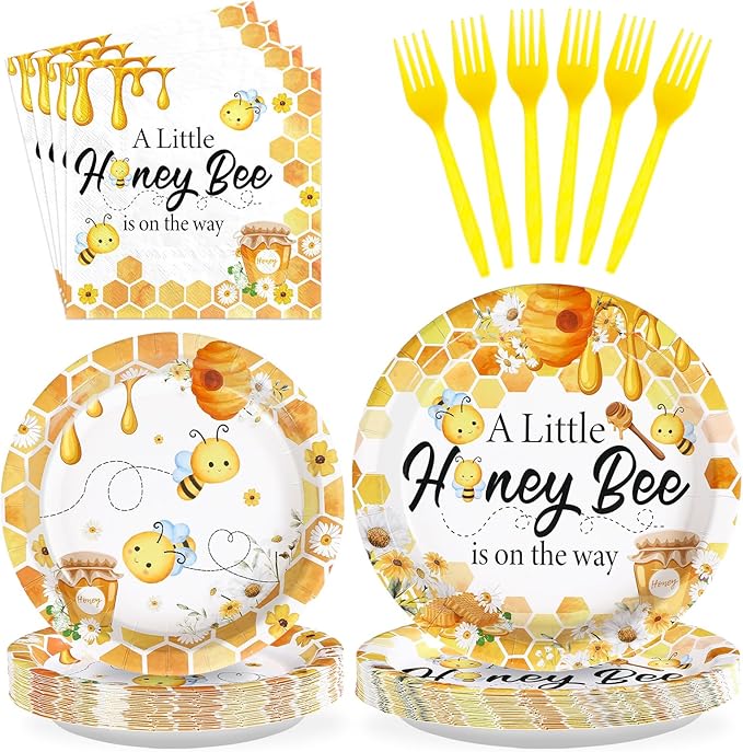 96Pcs Bee Baby Shower Decorations Honey Bumble Bee Baby Shower Plates and Napkins Tableware Sets A Little Honey is On The Way Party Decoration for Bees Gender Reveal Birthday Party Supplies Serve 24