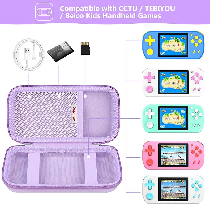 Supmay Carrying Case Compatible with CCTU / TEBIYOU Kids Handheld Games Preloaded 218 Retro Video Games, Portable Gaming Electronic Toys Storage Holder Travel Bag with Mesh Pocket for USB Cable,Purple