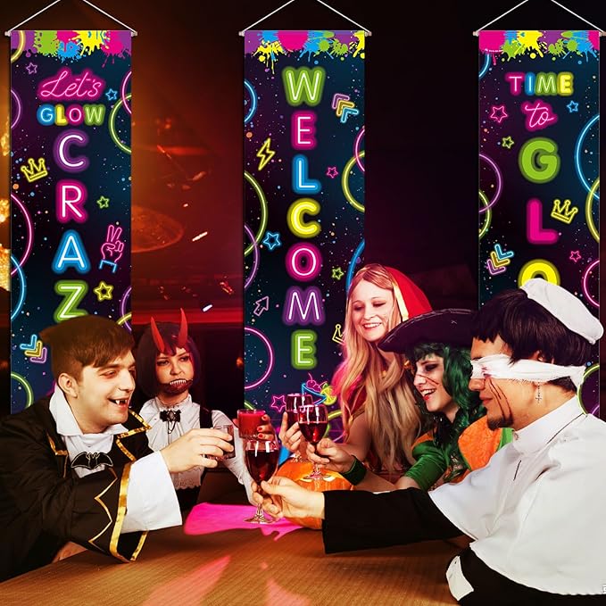 3 Pcs Neon Banner Party Decorations Let's Glow Banner Glow in the Dark Porch Sign Welcome Birthday Porch Sign for Neon Birthday Party Supplies Club Halloween Classroom Decorations