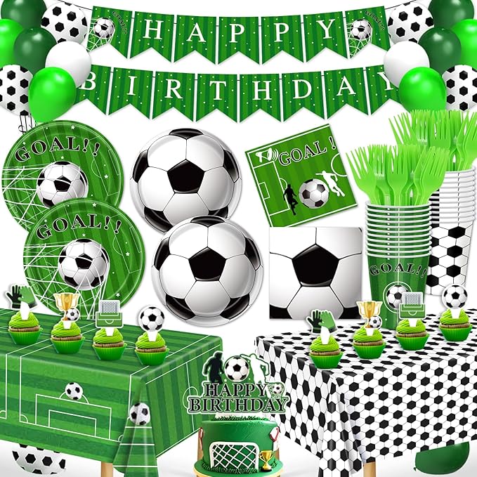 Soccer Party Decorations, 143Pcs Soccer Birthday Party Supplies-Serves 24 with Plates and Napkins Tablecloth and Birthday Banner Balloons for Soccers Sports Theme Birthdays Decorations