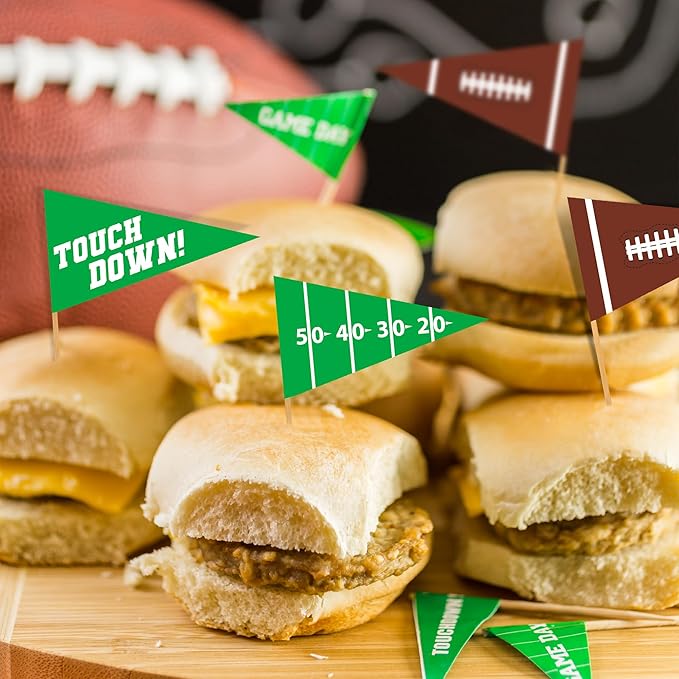 50 Pcs Football Cupcake Toppers, Disposable Foot Ball Themed Cake Toppers, Touchdown Players Flagship Designed Tooth Picks, Football Party Decorations for Sports Baby Shower Birthday Party Supplies