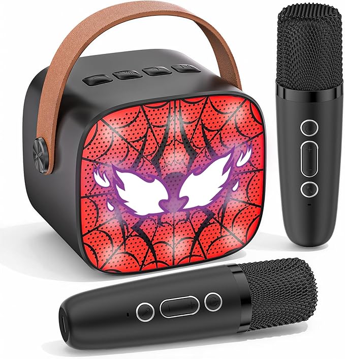 Spider Mini Karaoke Machine for Kids - TOP Karaoke Toys for 3 4 5 6 7 8 9 10 11 12+ Year Old Boys Girls, Portable Bluetooth Speaker with 2 Wireless Microphones, Kids Christmas Birthday Party Gifts(BK)