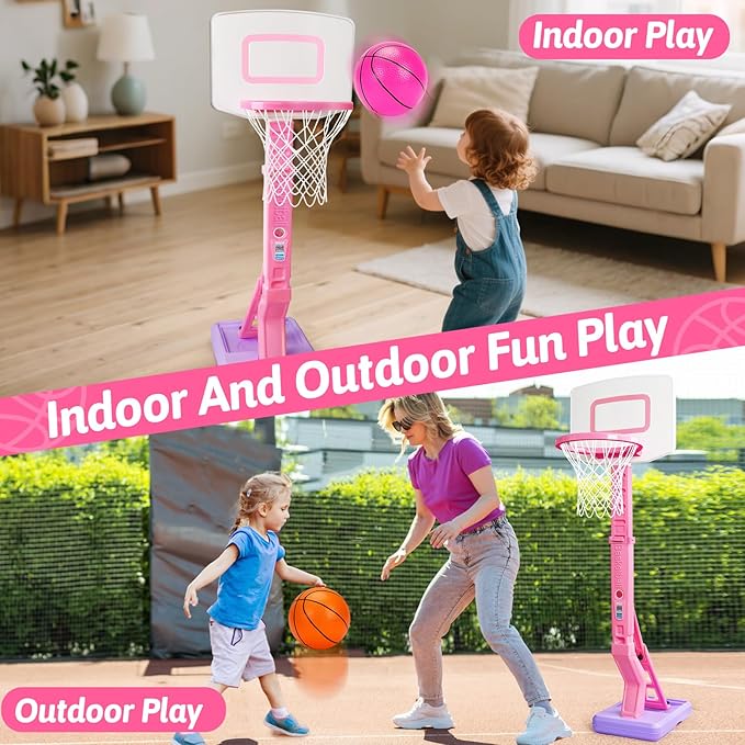 Toddler Pink Basketball Hoop for Age 1-3, Adjustable Kids Basketball Hoop with 3 Balls Indoor Outdoor Play Mini Poolside Basketball Goal Sport Toys Birthday Easter Gift for 1 2 3 4 Year Old Baby Girl