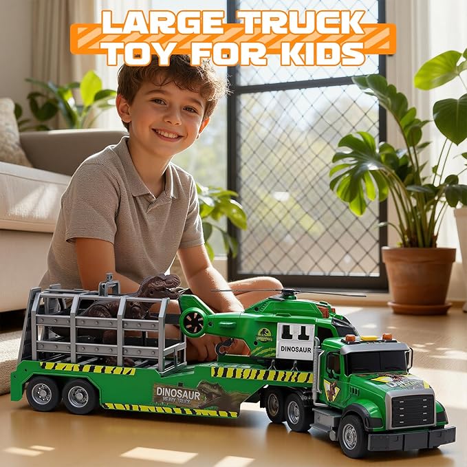 Carrier Dino Truck Kids Toys,21" Semi Truck Toy with Helicopter & Dinosaur Toy with Lights & Sounds,Large Friction Powered Vehicles for Toddlers Age 3 4 5 6 7,Christma Birthday Gifts for Boys Girls