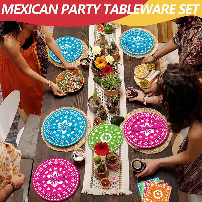 96 Pcs Mexican Fiesta Party Supplies Set, Serves 24 – Colorful Papel Picado Floral Paper Plates, Napkins, and Forks, Disposable Tableware for Cinco de Mayo, Birthday, and Fiesta Themed Decorations