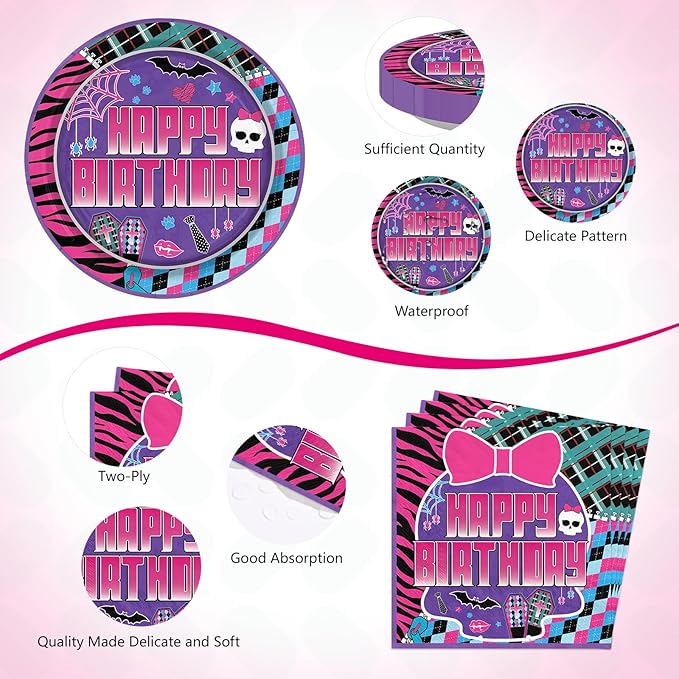 96 Pcs Monster Girl High Birthday Party Supplies Monster Skull Plates and Napkins Purple Belted Skull Tableware Set for Girls Baby Shower Birthday Themed Parties Supplies, Serves 24