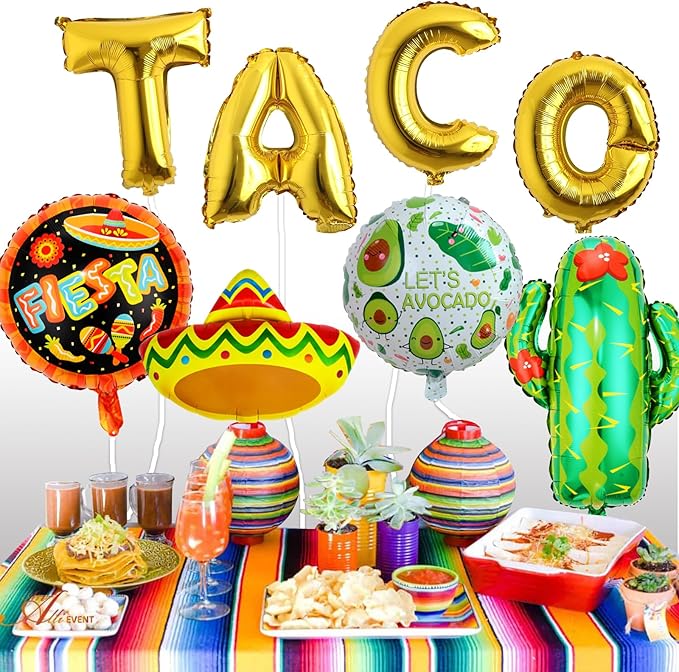 18 PCS Fiesta Party Supplies - Taco, Mexican, Cactus, Avocado, Hat Jumbo Mylar Foil Balloons - Cinco De Mayo Party Decorations