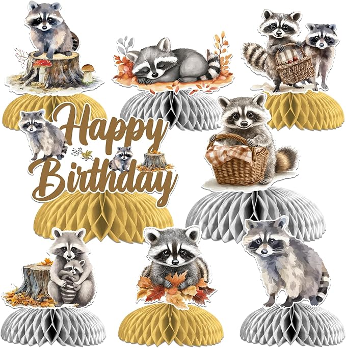 Sursurprise 8pcs Raccoon Themed Honeycomb Centerpieces, Raccoon Happy Birthday Table Topper Decorations, Raccoon Baby Shower Birthday Party Supplies
