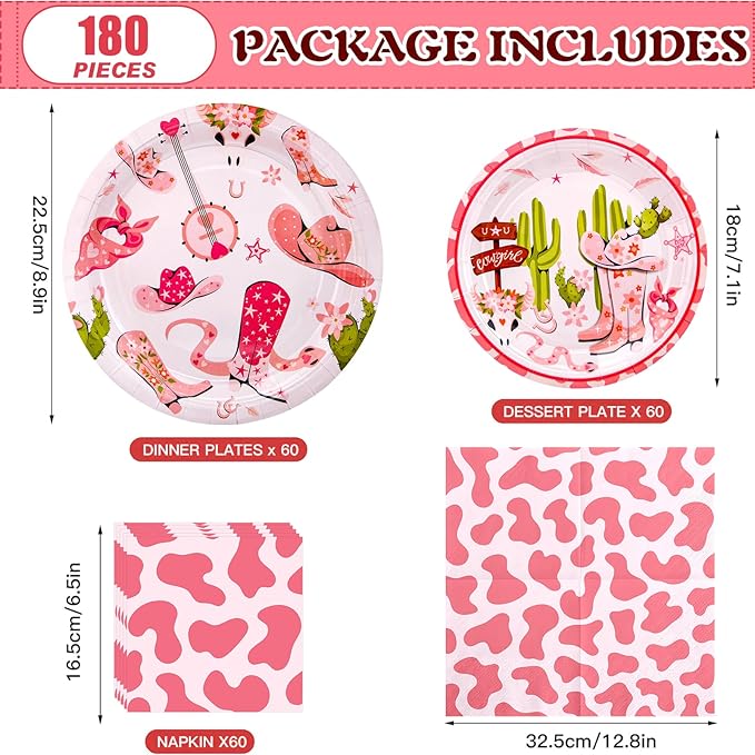 180PCS Cowgirl Party Supplies Serve 60, Western Party Paper Plates and Napkins Set for Pink Cowgirl Rodeo Birthday Bachelorette Party Decorations, Includes Dinner Plates, Dessert Plates, Napkins