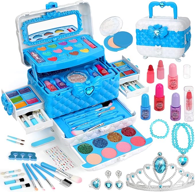 Teensymic Girls 60PCS Real Washable Makeup Kit, Princess Makeup Vanities with Accessories for Girls Age 3-12