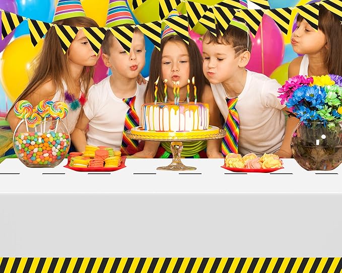 6 Pcs Construction Tablecloth Banner Birthday Party Supplies Decorations 4 Banners 2 Table Cloths Workplace Safety Decor Dump Truck Excavator Party Favors(White,Stripe)