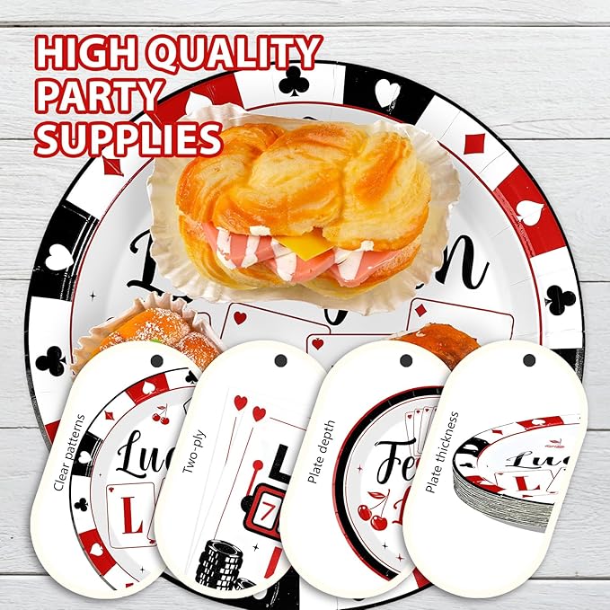 96 Pcs Casino Party Decorations Lucky In Love Plates and Napkins Disposable Black White Red Poker Tableware Set for Las Vegas Night Poker Club Birthday Party Supplies Serves 24