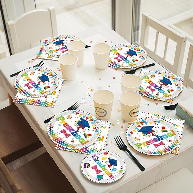 96pcs Preschool Graduation Party Plates and Napkins Set, Pre-K Grad Party Supplies Decorations Preschool Kindergarten Graduation Disposable Paper Plates for Boys Girls, Serves 24 (White)
