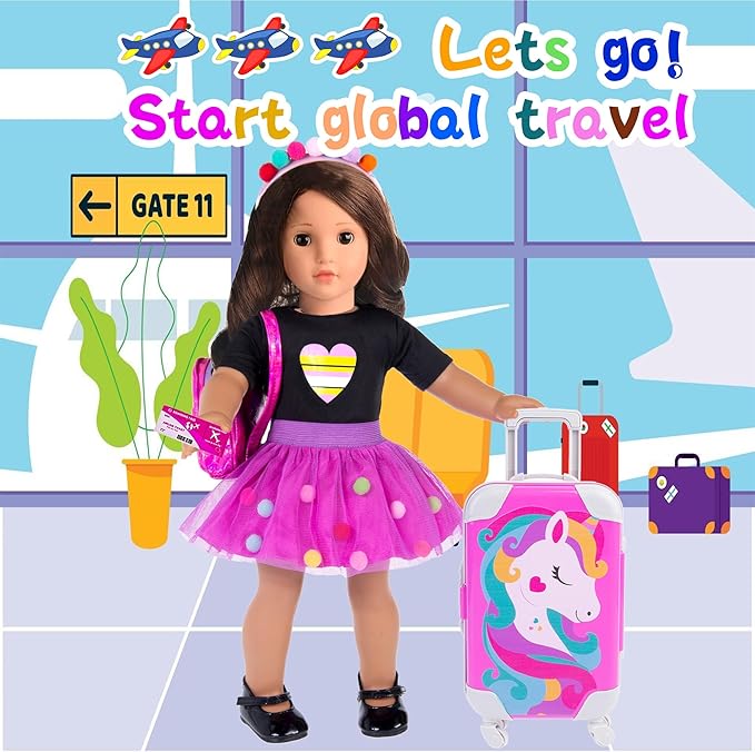 ebuddy 18 Inch Doll Clothes and Accessories Doll Travel Set with Suitcase Roller Skates School Supplies Playset Purple Unicorn Set Including Dress,Suitcase, Roller Skates,Hairpin,Hair Ring(No Doll)