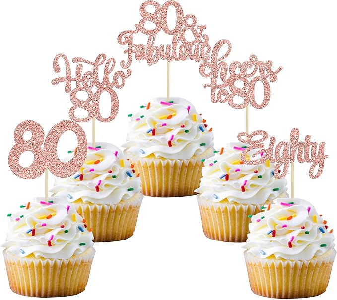 30Pcs Happy 80th Birthday Cupcake Toppers Eighty Cheers to 80 Years Old Birthday Cupcake Picks for Happy 80th Birthday Anniversary Party Cake Decorations Rose Gold Glitter