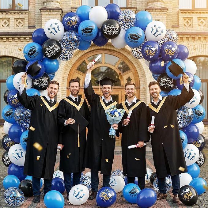 Blue Black White Graduation Balloons, 50 Pcs Congrats GRAD Cap Printed Balloons, 12 Inch Dark Navy Blue Black Confetti Latex Balloons Helium for Men Class of 2026 Happy Graduation Party Decorations