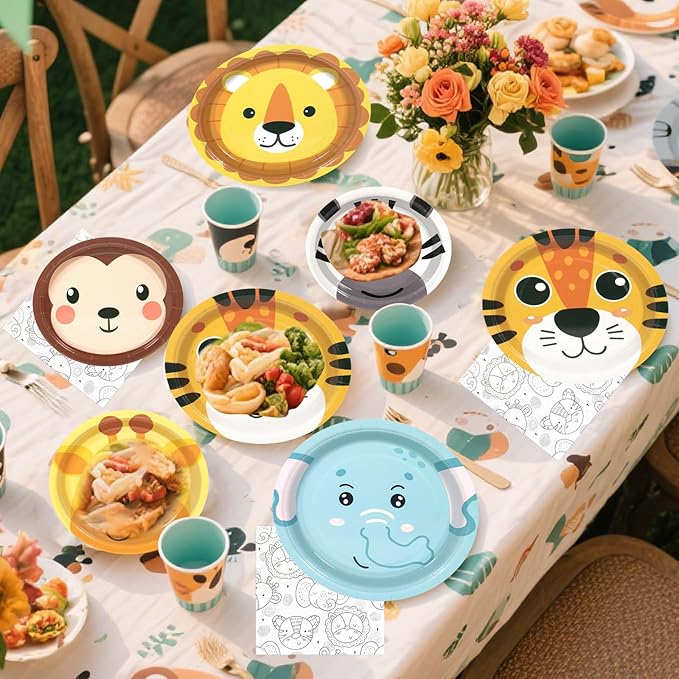 180Pcs Jungle Wild Animal Paper Plates Party Supplies Zoo Animal Paper Plates and Napkins Serve 60 Disposable Tableware Set for Birthday Party Decorations Game Day Family Holiday Sports Events