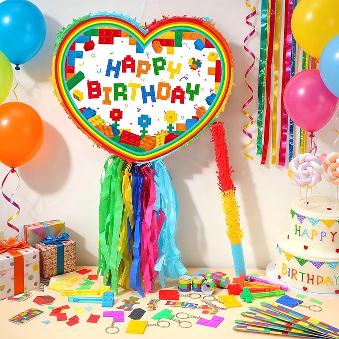 Birthday Building Block Piñata Set Heart Pull String Piñata Party Kit with Blindfold Hitting Stick Confetti Keychains Bubble Bottles Slap Bracelets Stickers for Carnival Party Favors