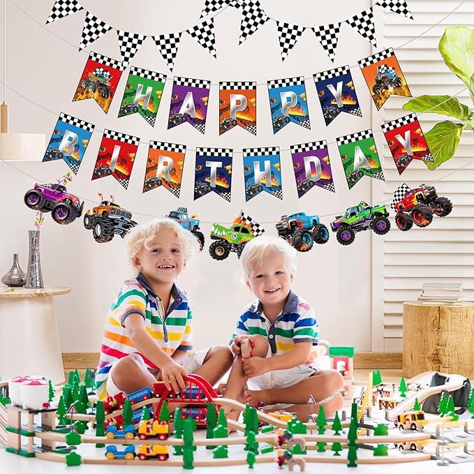 Pasimy 4 Pcs Truck Birthday Banner Cars Monster Truck Themed Garland Black and White Checkered Flags Pennants Green Purple Happy Birthday Bunting Racing Car Theme Party Decorations Supplies