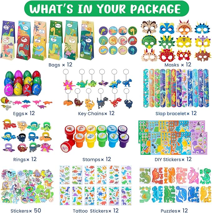 12 Pack Dinosaur Party Favors Gift Bags - Dinosaur Birthday Party Supplies for Kids with 12 Masks, 12 Dinosaur Eggs, 12 Keychains, 12 Snap Bracelets, Dinosaur Stickers for Kids Party