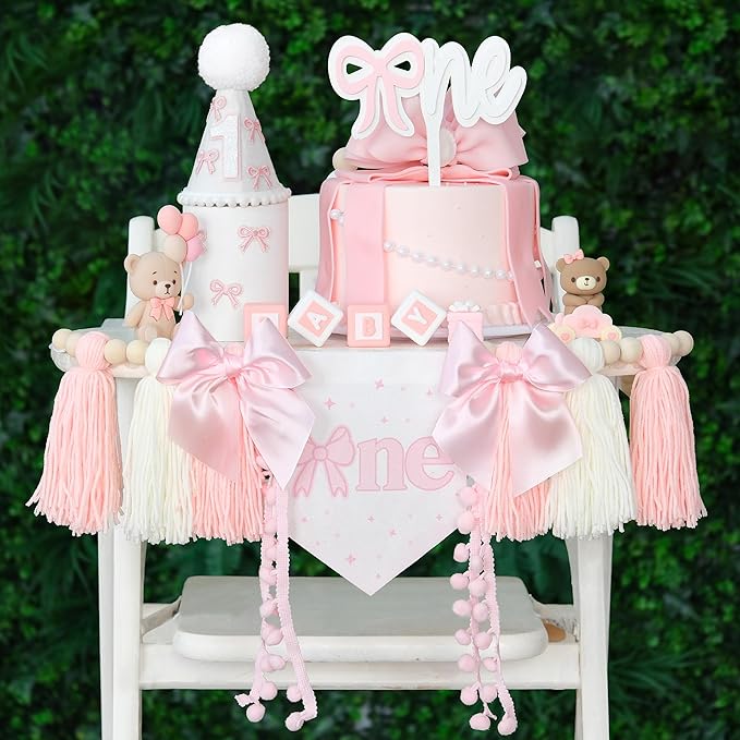 Pink Bow 1st Birthday Highchair Banner Decorations Wood Bead Tassel Garland Cone Hat Wooden Cake Topper For Baby Girls