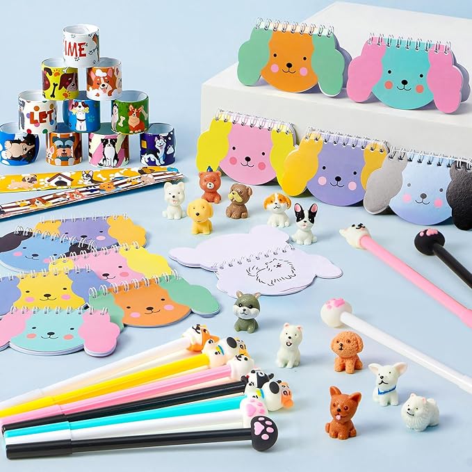 Dog Party Favors for Kids 12Set Paw Print Puppy Party Favors with Mini Notebooks Pens Dogs Figures Slap Bracelets, Boys Girls Birthday Gift Goodie Bags Stuffer Dog Themed Party Supplies Decor