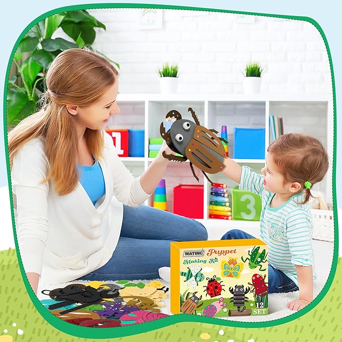 WATINC 12 Pcs Hand Puppet Making Kit, Art Craft Felt Sock Puppet Toys, Creative DIY Make Your Own Pompoms Wiggle Googly Eyes Storytelling Role Play Party Supplies Gift for Girls Boys (Insect Animals)
