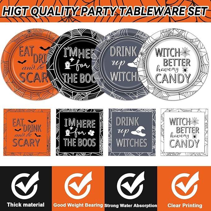 96 Pcs Halloween Party Decorations Halloween Paper Plates and Napkins Halloween Party Supplies Drink up Witches Hat Little Scary Spiderweb Boo Tableware Set for Halloween Disposable Decorations