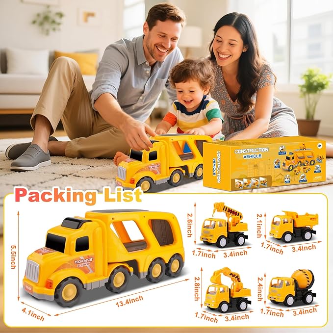 Nicmore Construction Truck Toddler Toys Car: Toys for 1 2 3 4 Year Old Boy 5 in 1 Carrier Toys for Kids Age 1-3 2-4| 18 Months 2 Year Old Boy Christmas Birthday Gifts