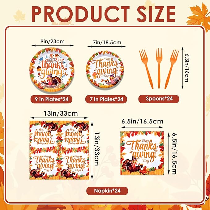96 Pieces Happy Thanksgiving Tableware Set Party Supplies - Fall Harvest Pattern Disposable Dinnerware with Paper Plates, Napkins, Forks for Autumn and Thanksgiving Dinner BBQ Picnic Favors