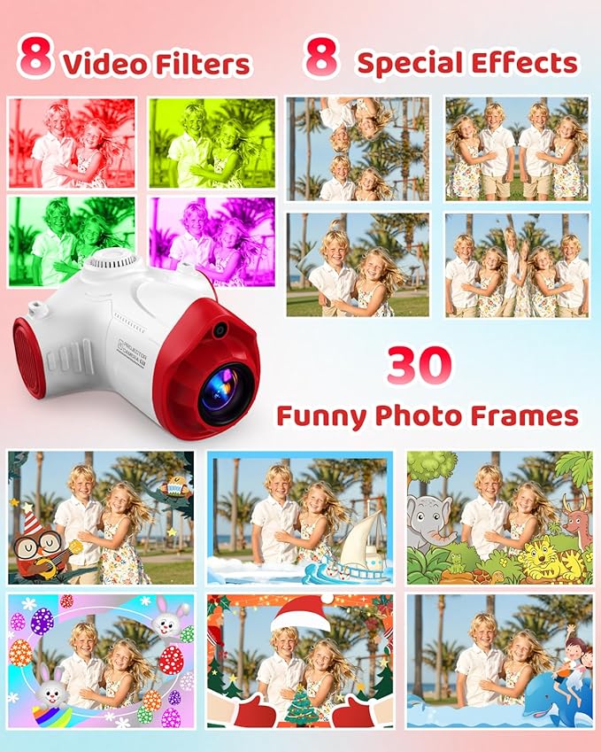 3 in 1 Kids Camera with Projector, 1080P Digital Video Camcorder, 48MP Photo Camera, Portable Toddler Camera Christmas Birthday Travel Gift Toy for Boys Girls Age 3 4 5 6 7 8 9 10 11 12, White